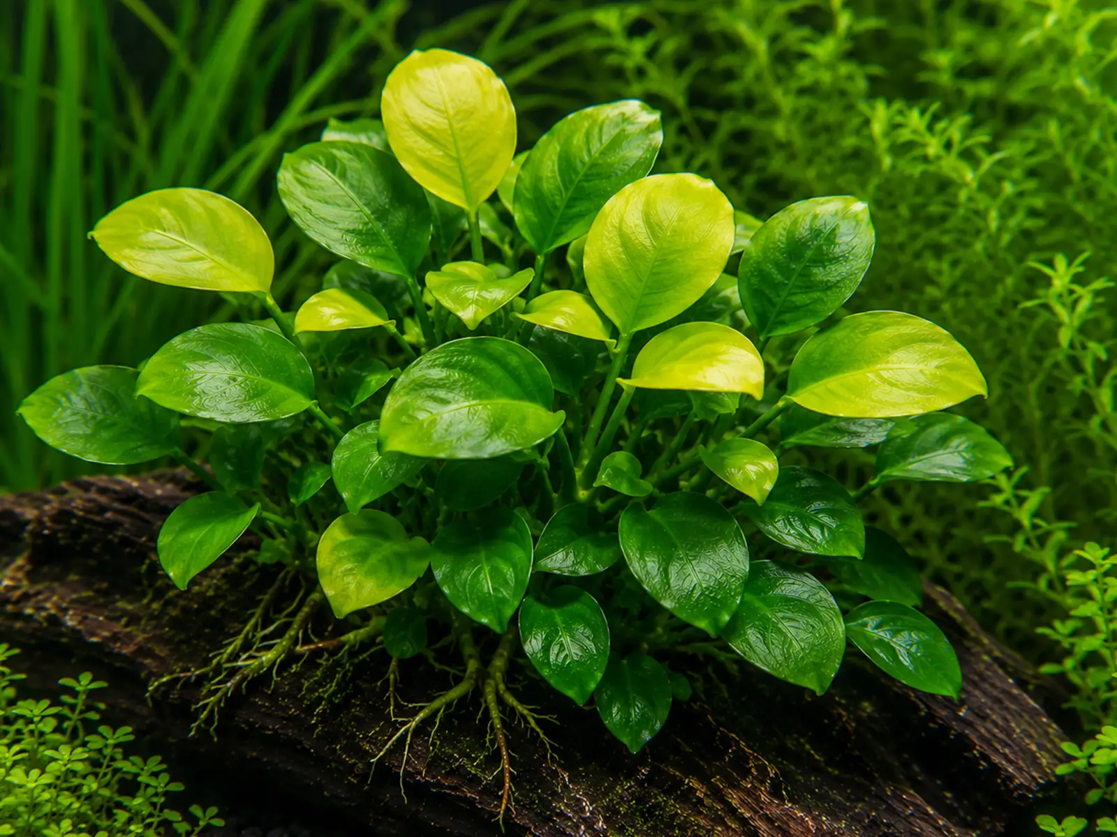 aquarium with Anubias barteri var. nana 'Golden'